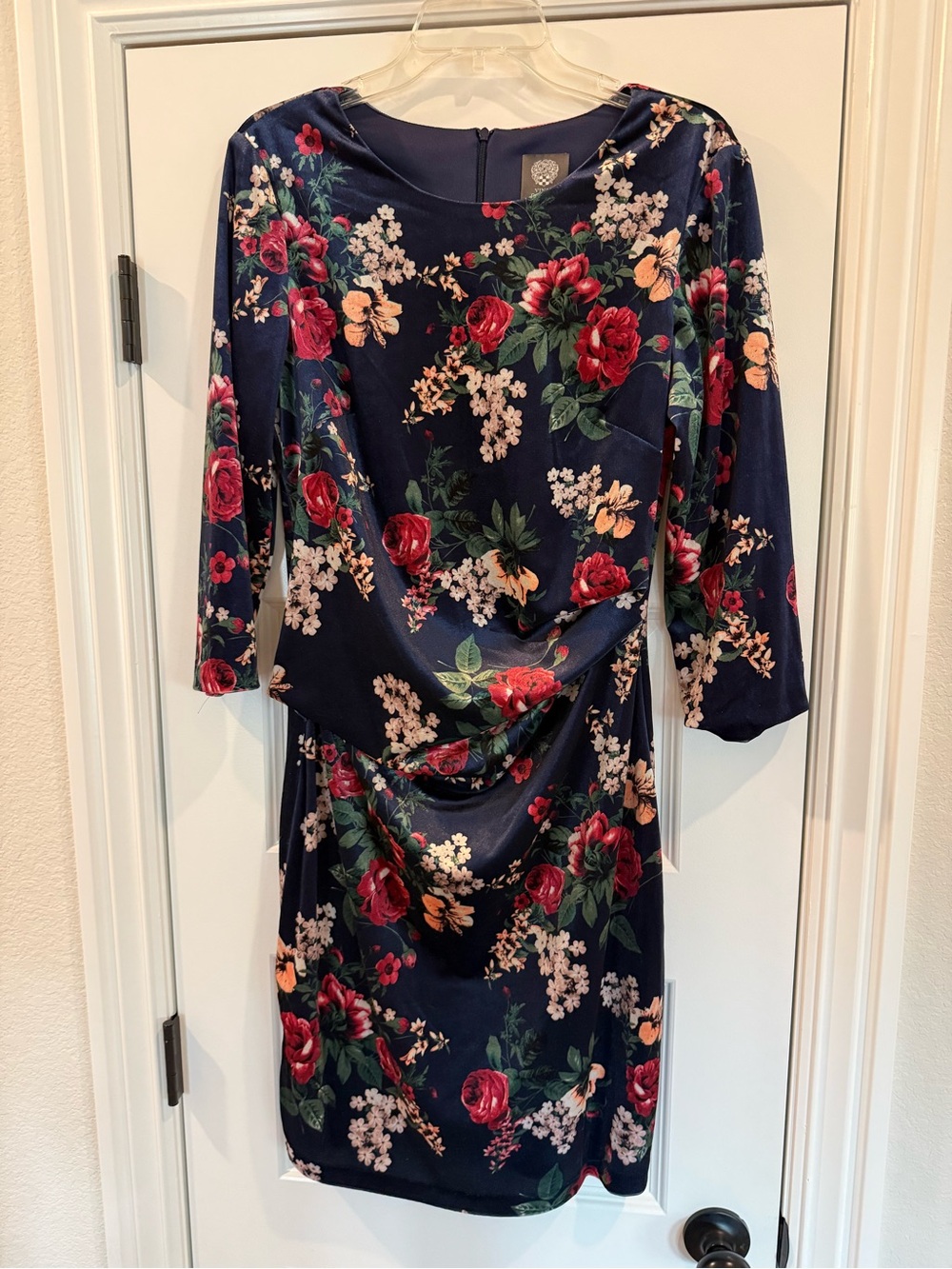 Vince Camuto Navy Floral 3/4 Sleeve Ruched Velvet Sheath Dress 14 Women’s